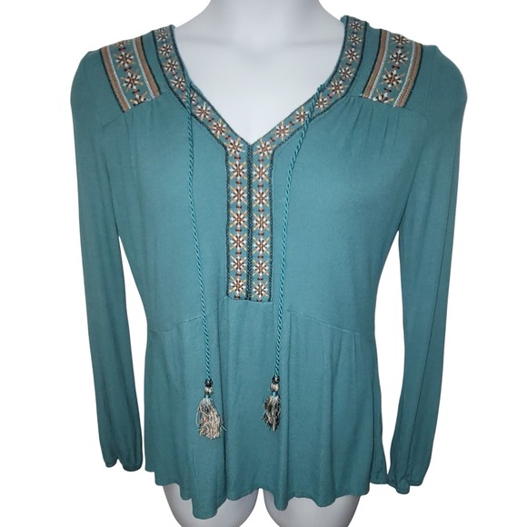 Artesia Tops - Artesia Peplum Long Sleeve Tassel Knit Lace Embroidered Boho Peasant M Aztec Y2K